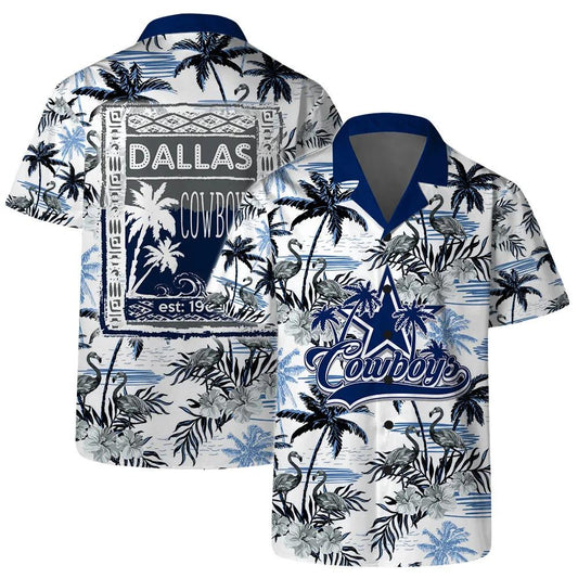 Dallas Cowboys Team Logo Pattern Flamingo Hibiscus Hawaiian Shirt, NFL Hawaiian Shirt Moonbestprint
