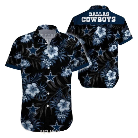 Dallas Cowboys Vintage Hibiscus Black Floral Star Pattern Hawaiian Shirt - Moonbestprint