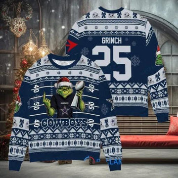 Dallas Cowboys x Grinch Christmas Dr. Seuss How the Grinch Stole Christmas with Super Bowl Trophy Custom Ugly Christmas Sweater, NFL Chritsmas Sweater Moonbestprint