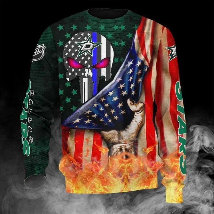 Dallas Stars Skull American Flag Ugly Christmas Sweater, NHL Christmas Sweater Moonbestprint