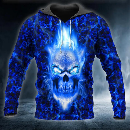 Dark Blue Flame Skull 3D Hoodie Moonbestprint