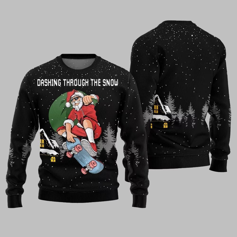 Dashing Through The Snow Skateboarding Santa Ugly Sweater 2026 Christmas - Moonbestprint