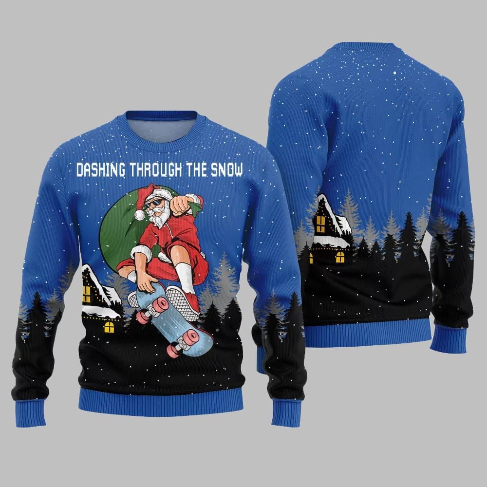 Dashing Through The Snow Skateboarding Santa Ugly Sweater 2026 Christmas - Moonbestprint