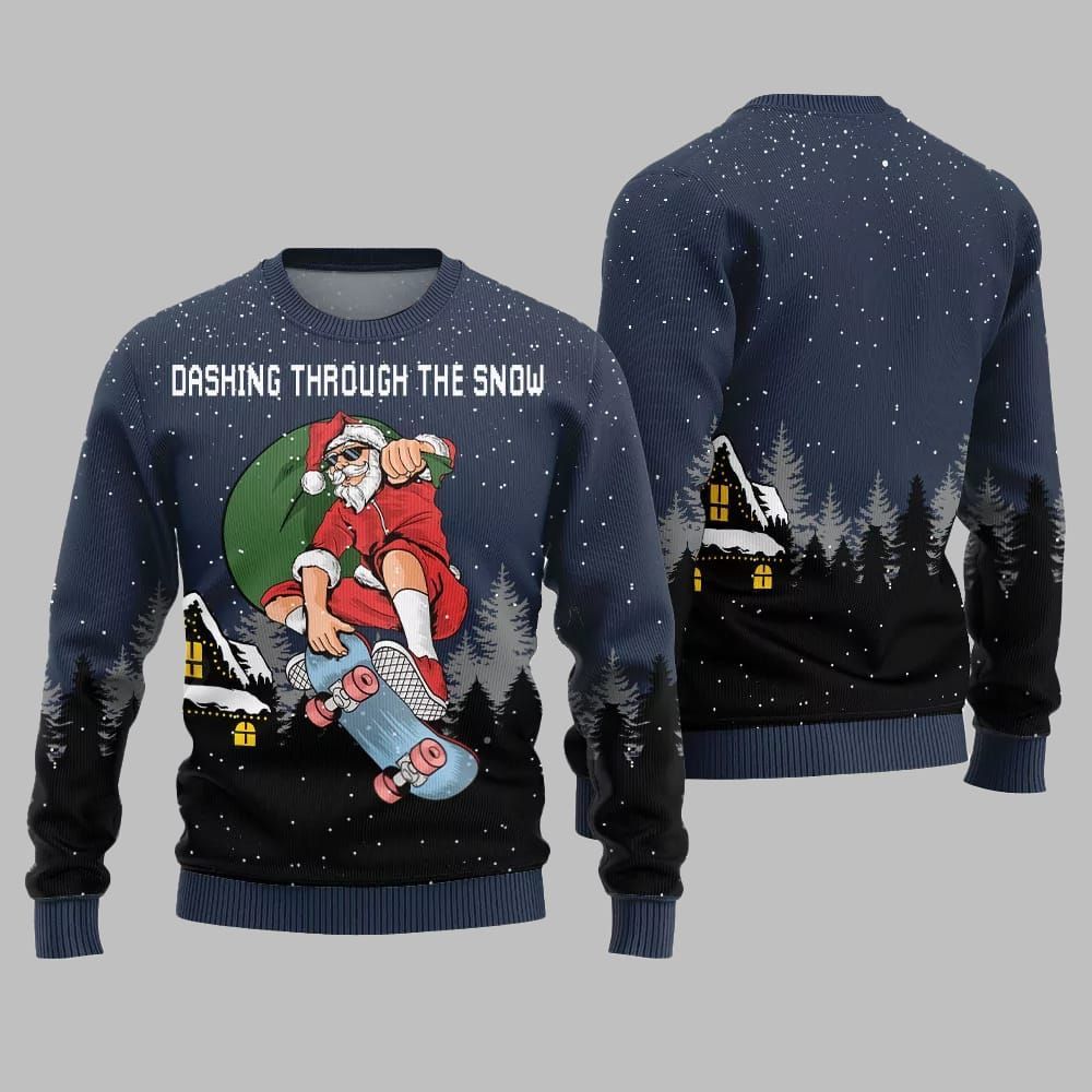 Dashing Through The Snow Skateboarding Santa Ugly Sweater 2026 Christmas - Moonbestprint