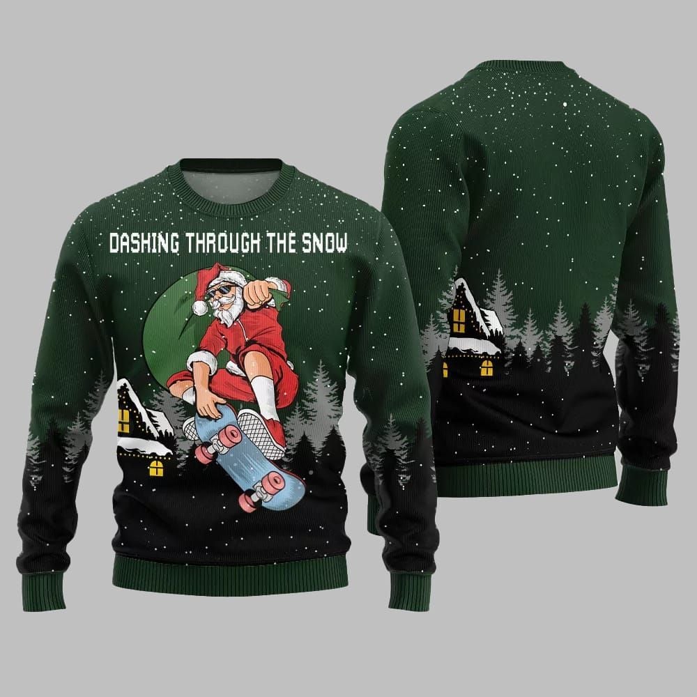 Dashing Through The Snow Skateboarding Santa Ugly Sweater 2026 Christmas - Moonbestprint