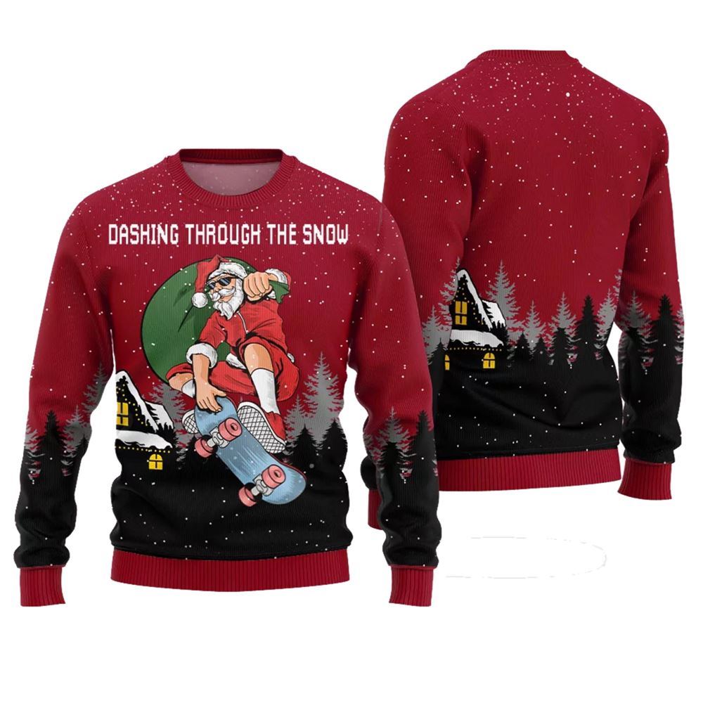 Dashing Through the Snow Skateboarding Santa Ugly Christmas Sweater - Moonbestprint