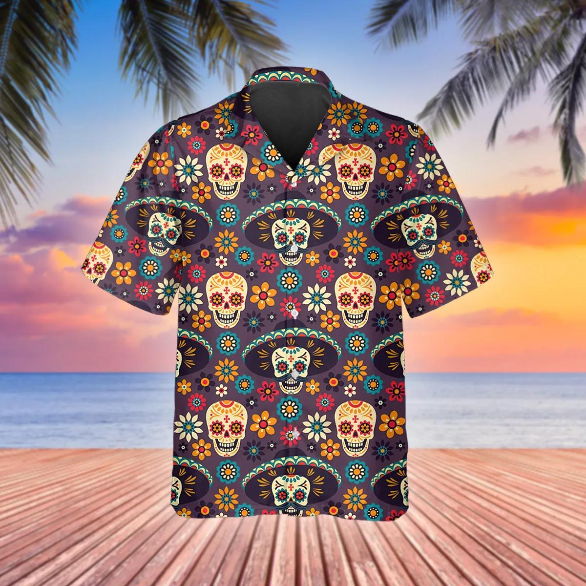 Day Of The Dead Pattern Skull Hawaiian Shirt, Hawaiian Button Up Shirt, Tropical Shirts For Men Moonbestprint