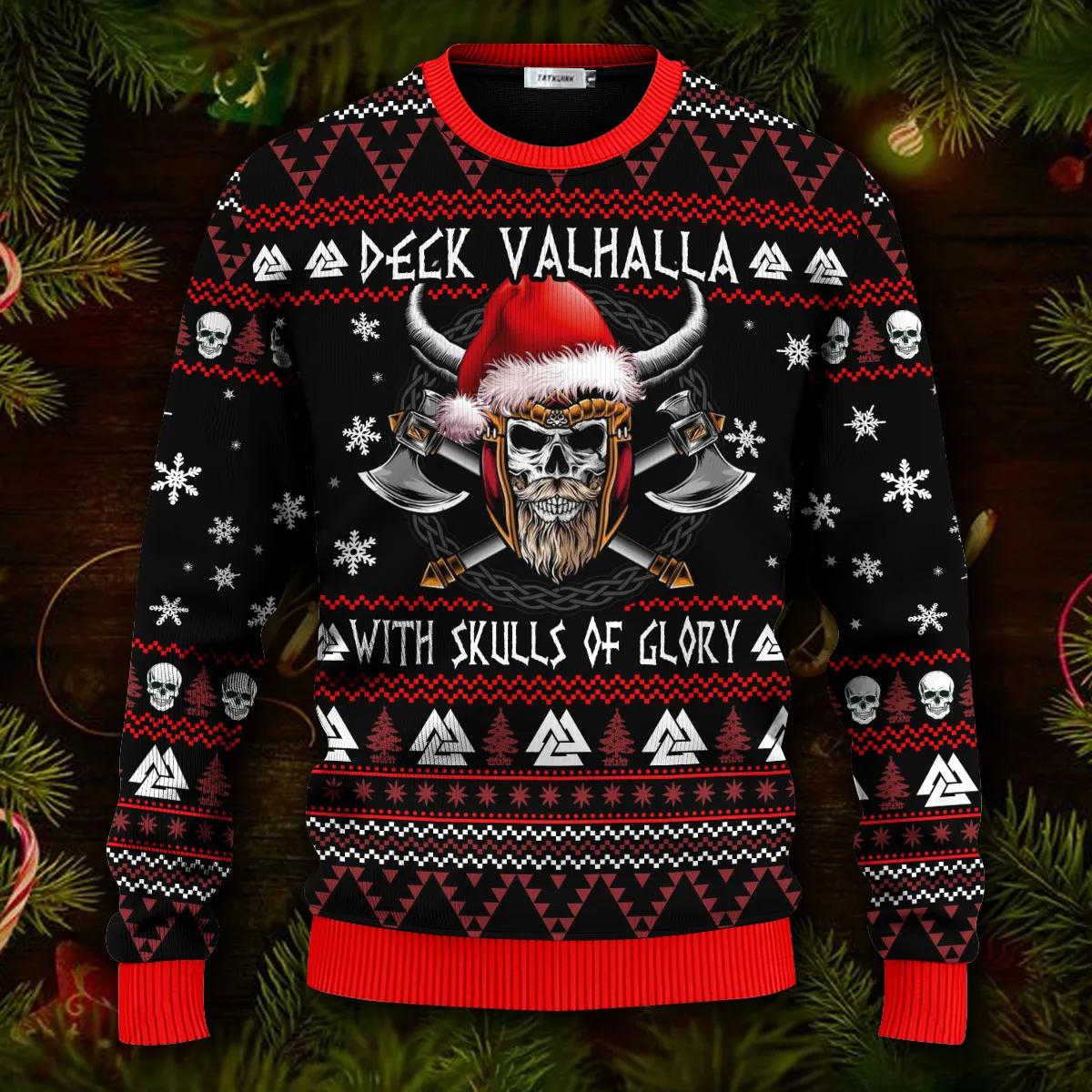 Deck Valhalla With Skulls Of Glory Viking Ugly Christmas Sweater Moonbestprint