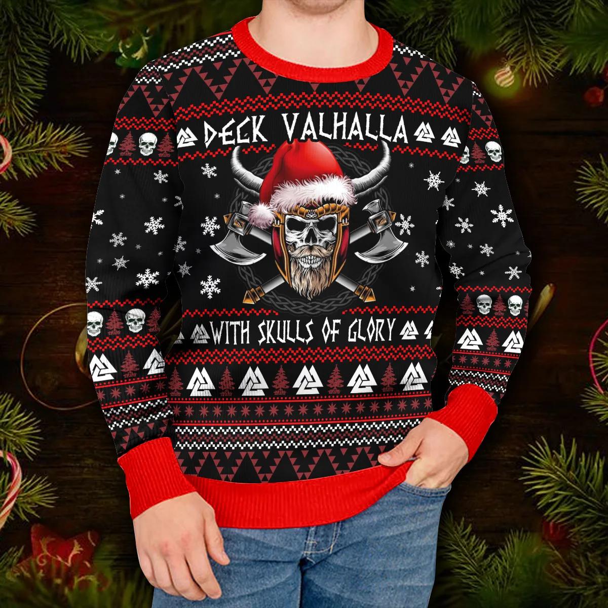 Deck Valhalla With Skulls Of Glory Viking Ugly Christmas Sweater Moonbestprint