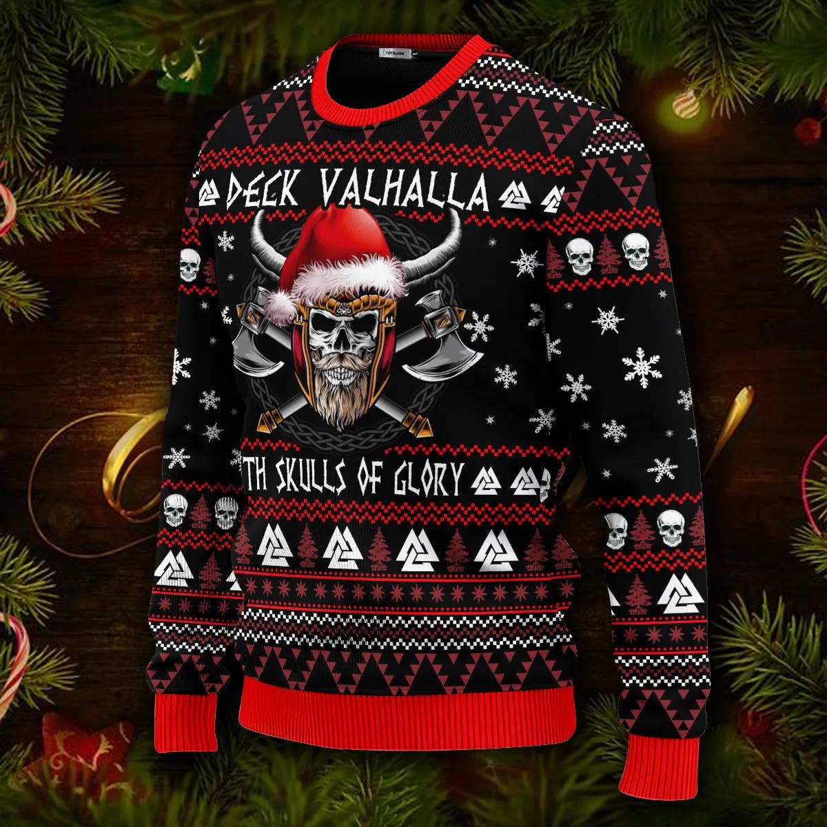 Deck Valhalla With Skulls Of Glory Viking Ugly Christmas Sweater Moonbestprint