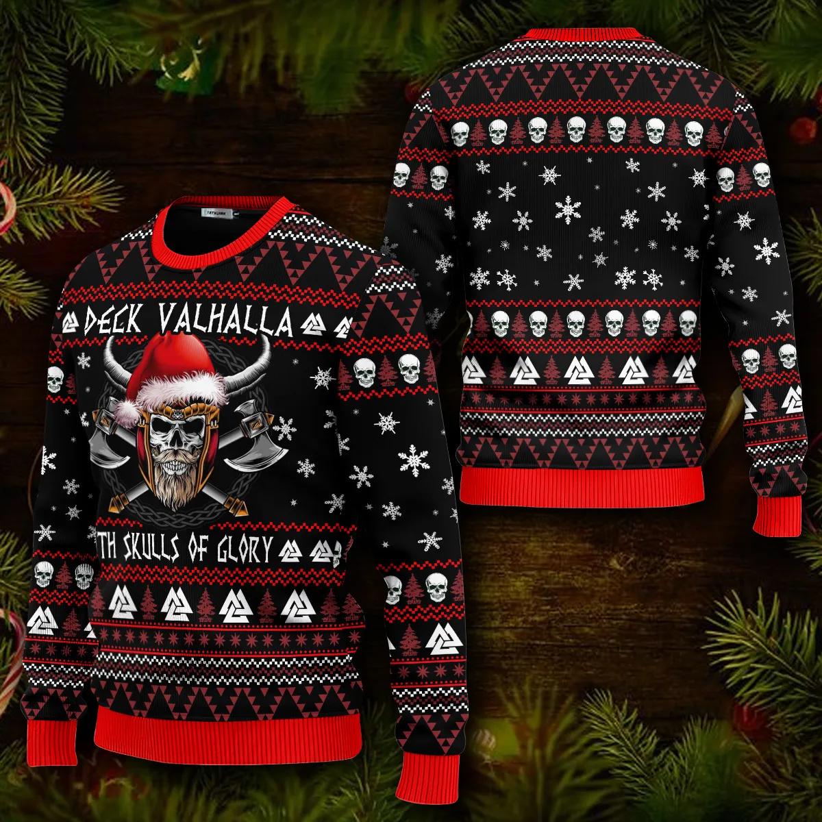 Deck Valhalla With Skulls Of Glory Viking Ugly Christmas Sweater Moonbestprint
