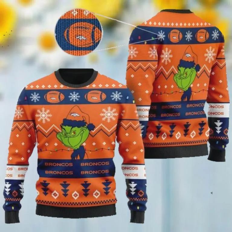 Denver Broncos American NFL Football Team Logo Cute Grinch Ugly Christmas Sweater, NFL Chritsmas Sweater Moonbestprint