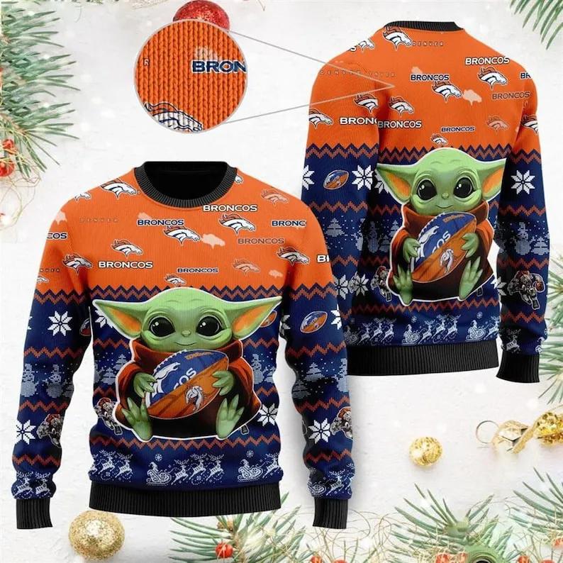 Denver Broncos Baby Yoda Ugly Christmas Sweater, NFL Christmas Sweater Moonbestprint