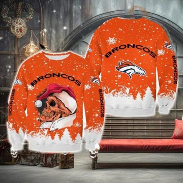 Denver Broncos Christmas Skull Poinsettia Halloween Ugly Christmas Sweater, NFL Chritsmas Sweater Moonbestprint