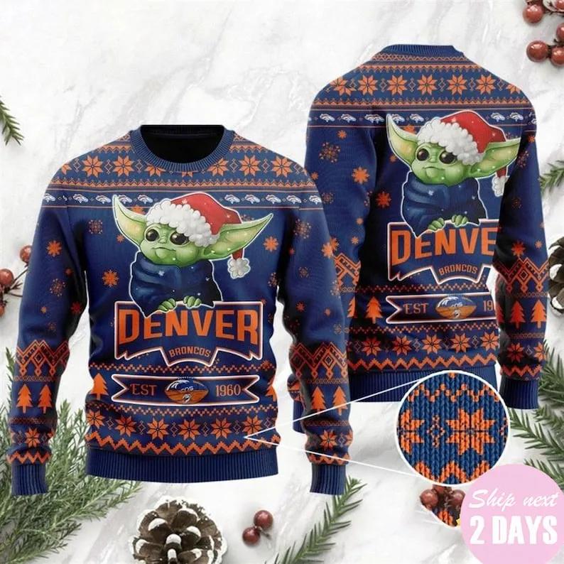 Denver Broncos Cute Baby Yoda Grogu Ugly Christmas Sweater, NFL Christmas Sweater Moonbestprint