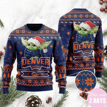 Denver Broncos Cute Baby Yoda Grogu Ugly Christmas Sweater, NFL Christmas Sweater Moonbestprint