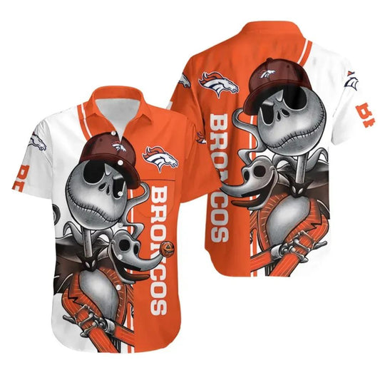 Denver Broncos Jack Skellington And Zero Hawaiian Shirt Print Short Sleeve Hawaiian Aloha Shirt, NFL Hawaiian Shirt Moonbestprint