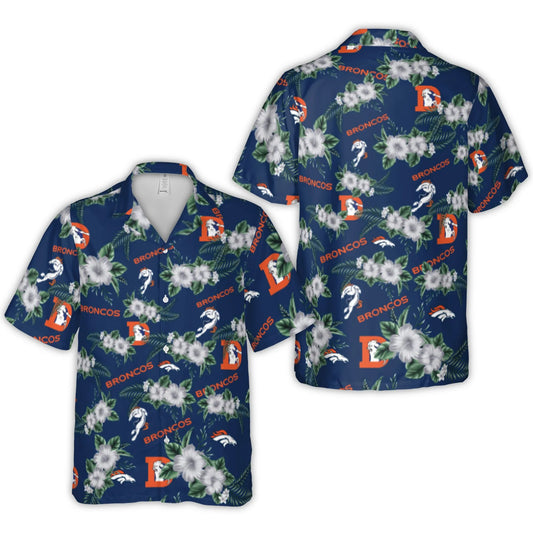 Denver Broncos Logo With Hibiscus Flowers And Tropical Leaves Hawaiian Shirt – Moonbestprint