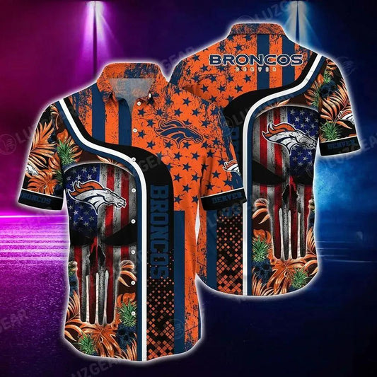 Denver Broncos Nfl Hawaiian Shirt Graphic Tropical Pattern Skull Punisher 3D Printed Best Gift For Fans, NFL Hawaiian Shirt Moonbestprint