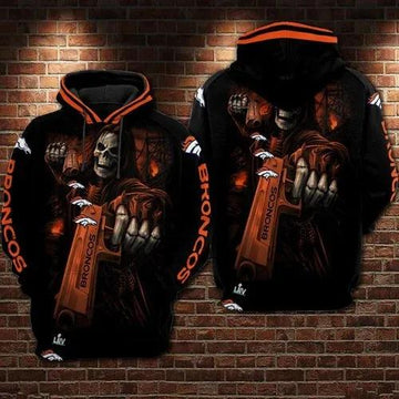 Denver Broncos Skeleton Holding Gun 3D Hoodie, NFL Hoodie Moonbestprint