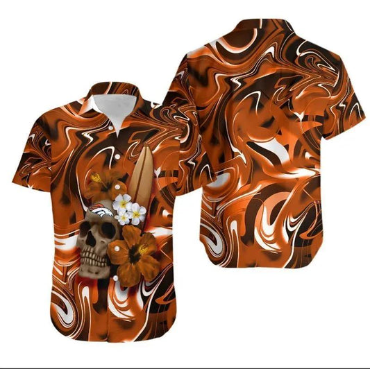 Denver Broncos Skull And Hibiscus Flower Nfl Gift For Fan Hawaii Shirt Summer Collection, NFL Hawaiian Shirt Moonbestprint