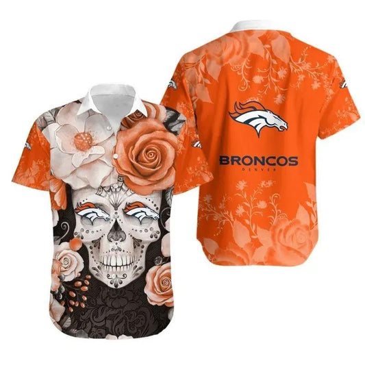 Denver Broncos Skull Nfl Gift For Fan Hawaiian Graphic Print Short Sleeve Hawaiian Shirt, NFL Hawaiian Shirt Moonbestprint