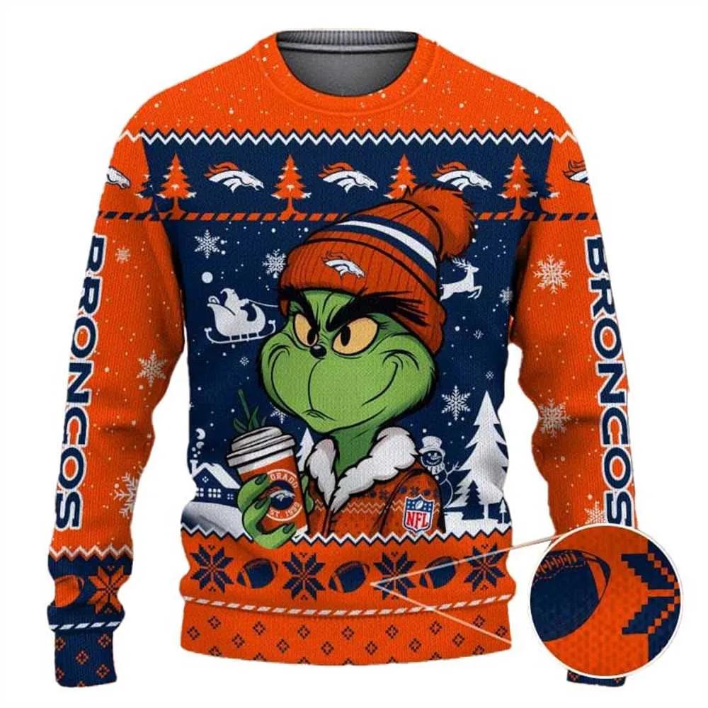 Denver Broncos The Grinch Drink Coffee Ugly Christmas Sweater, NFL Christmas Sweater Moonbestprint