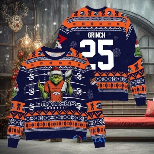 Denver Broncos x Grinch Christmas Dr. Seuss How the Grinch Stole Christmas with Super Bowl Trophy Custom Ugly Christmas Sweater, NFL Chritsmas Sweater Moonbestprint