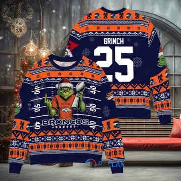 Denver Broncos x Grinch Christmas Dr. Seuss How the Grinch Stole Christmas with Super Bowl Trophy Custom Ugly Christmas Sweater, NFL Chritsmas Sweater Moonbestprint