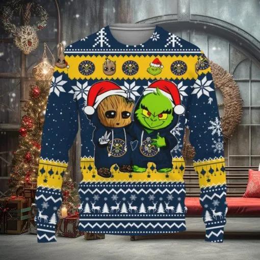 Denver Nuggets Baby Groot And Grinch Best Friends Ugly Christmas Sweater, NBA Chritsmas Sweater Moonbestprint