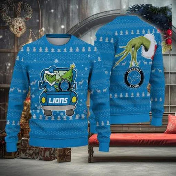 Detroit Lions And Grinch Driving With Pine Trees Ugly Christmas Sweater, NFL Chritsmas Sweater Moonbestprint