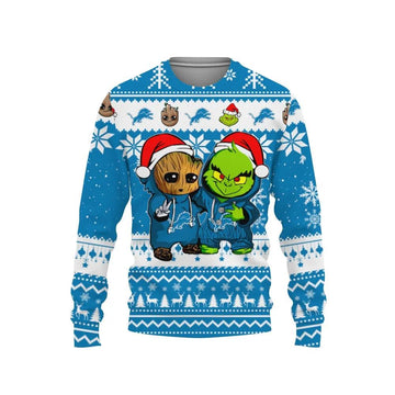 Detroit Lions Baby Groot And Grinch Best Friends Ugly Christmas Sweater, NFL Christmas Sweater Moonbestprint
