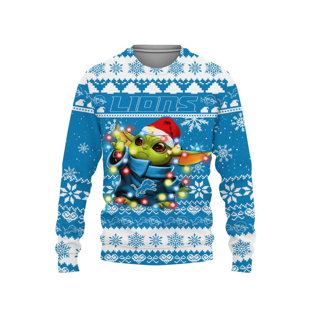 Detroit Lions Baby Yoda Star Wars Ugly Christmas Sweater, NFL Christmas Sweater Moonbestprint