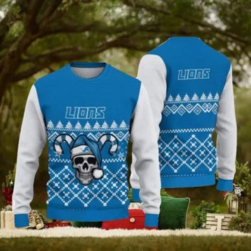 Detroit Lions Christmas Skull Halloween Ugly Christmas Sweaters, NFL Chritsmas Sweater Moonbestprint