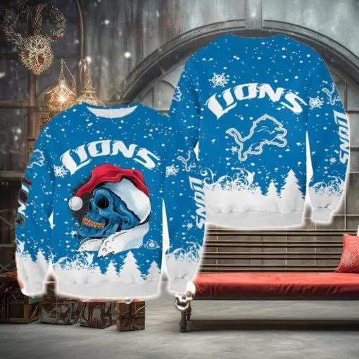 Detroit Lions Christmas Skull Snowboard Ugly Christmas Sweater, NFL Chritsmas Sweater Moonbestprint