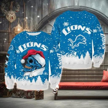 Detroit Lions Christmas Skull Snowboard Ugly Christmas Sweater, NFL Chritsmas Sweater Moonbestprint