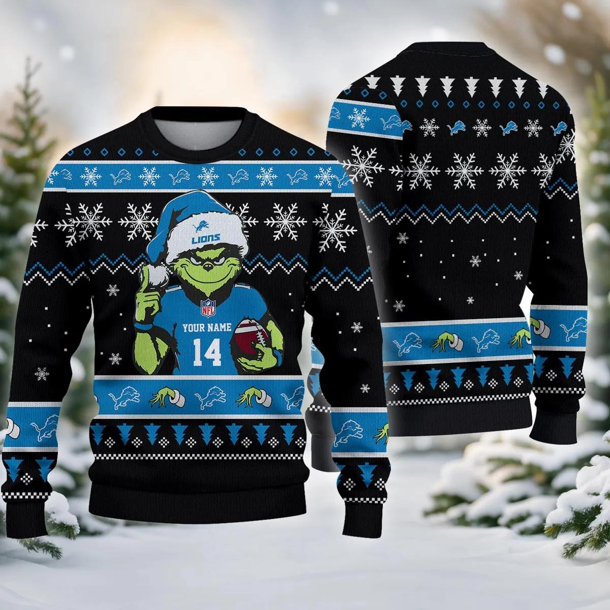 Detroit Lions Grinch Custom Chrismas Ugly Sweater, NFL Christmas Sweater Moonbestprint