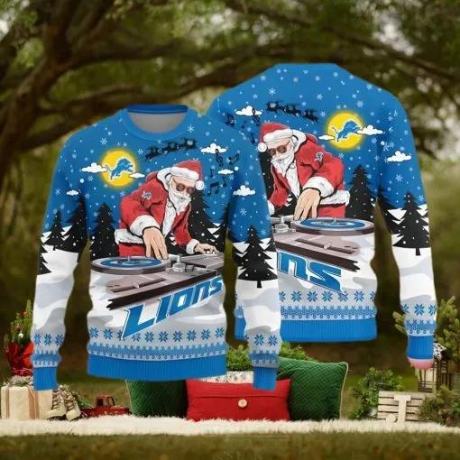 Detroit Lions Logo Knitted Funny DJ Santa Ugly Christmas Sweater, NFL Chritsmas Sweater Moonbestprint