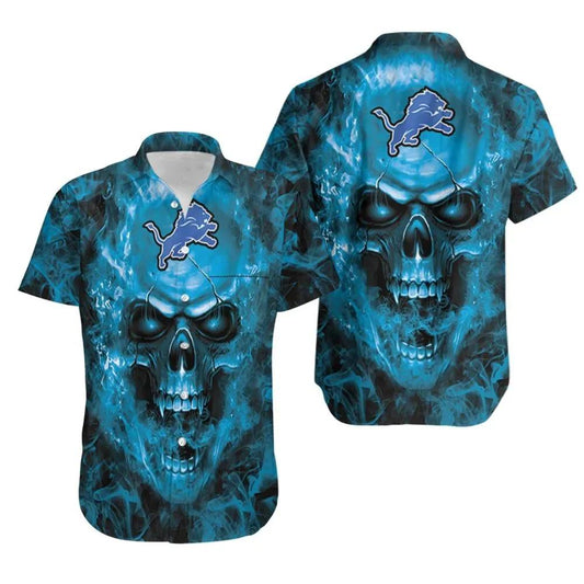 Detroit Lions Nfl Fan Skull Hawaiian Shirt Print Short Sleeve Hawaiian Aloha Shirt, NFL Hawaiian Shirt Moonbestprint