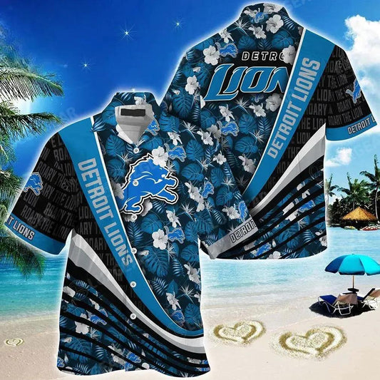 Detroit Lions Nfl Football With Tropical Flower Pattern Hawaiian Shirt For Fans, NFL Hawaiian Shirt Moonbestprint