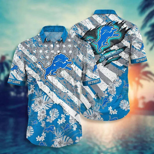Detroit Lions Nfl Hawaiian Sas Floral Print American Flag Beach Shirt Short Style Hot Trending Summer, NFL Hawaiian Shirt Moonbestprint