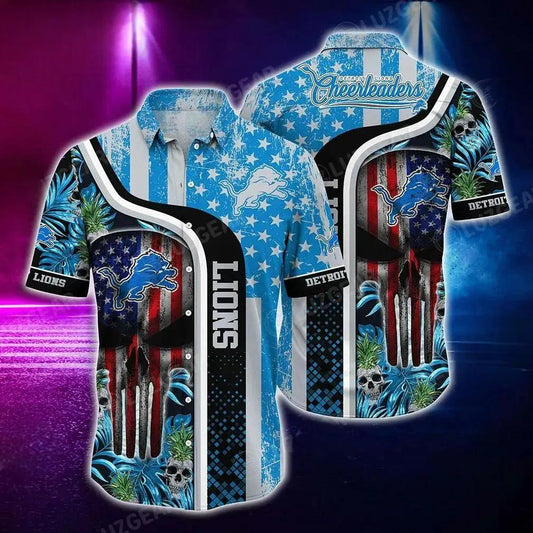Detroit Lions Nfl Hawaiian Shirt Graphic Tropical Pattern Skull Punisher 3D Printed Best Gift For Fans, NFL Hawaiian Shirt Moonbestprint