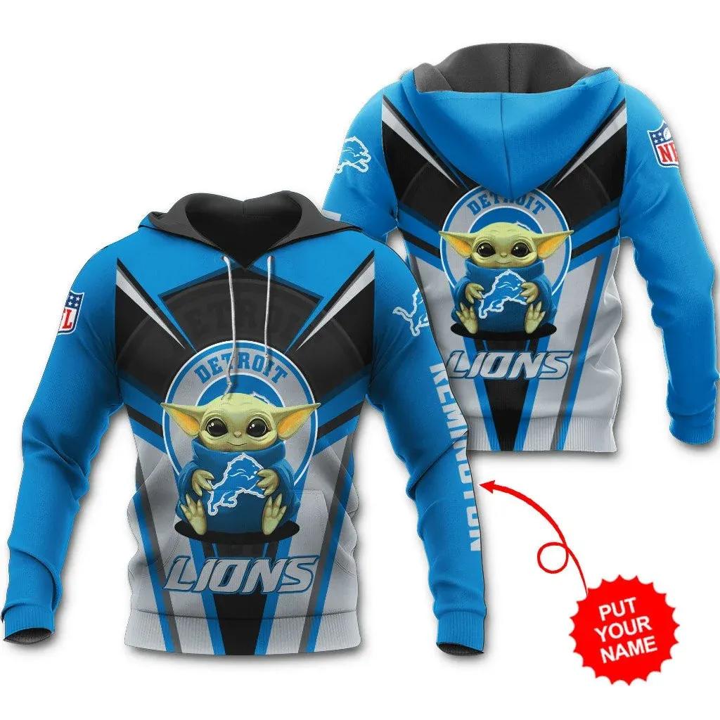 Detroit Lions Personalized Baby Yoda Hoodie All Over Hoodie, NFL Hoodie Moonbestprint