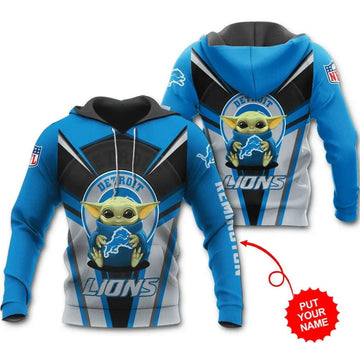 Detroit Lions Personalized Baby Yoda Hoodie All Over Hoodie, NFL Hoodie Moonbestprint