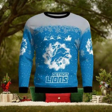Detroit Lions Santa Sleigh Driving Reindeer Pattern Ugly Christmas Sweater, NFL Chritsmas Sweater Moonbestprint