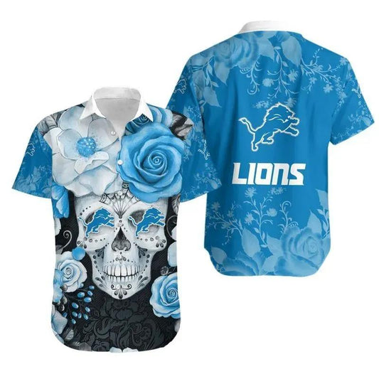 Detroit Lions Skull Nfl Gift For Fan Hawaiian Graphic Print Short Sleeve Hawaiian Shirt, NFL Hawaiian Shirt Moonbestprint