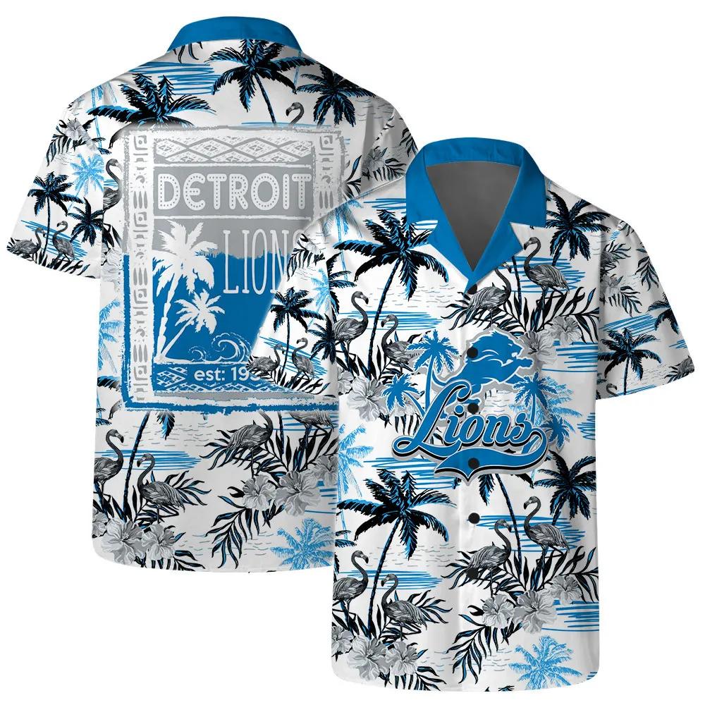 Detroit Lions Team Logo Pattern Flamingo Hibiscus Hawaiian Set, NFL Hawaiian Shirt Moonbestprint