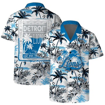 Detroit Lions Team Logo Pattern Flamingo Hibiscus Hawaiian Set, NFL Hawaiian Shirt Moonbestprint