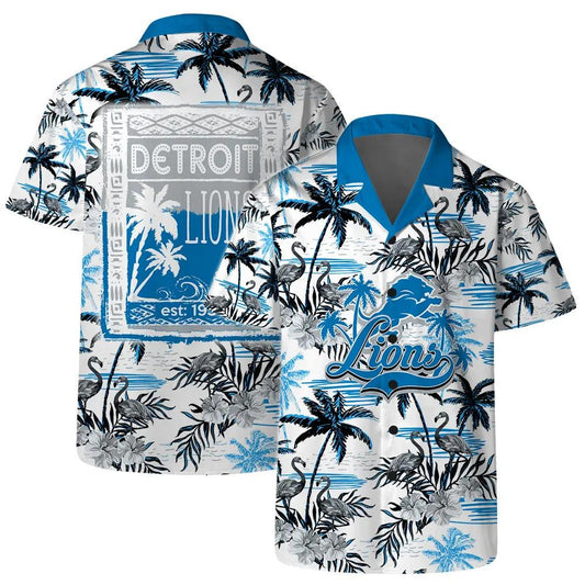 Detroit Lions Team Logo Pattern Flamingo Hibiscus Hawaiian Set, NFL Hawaiian Shirt Moonbestprint