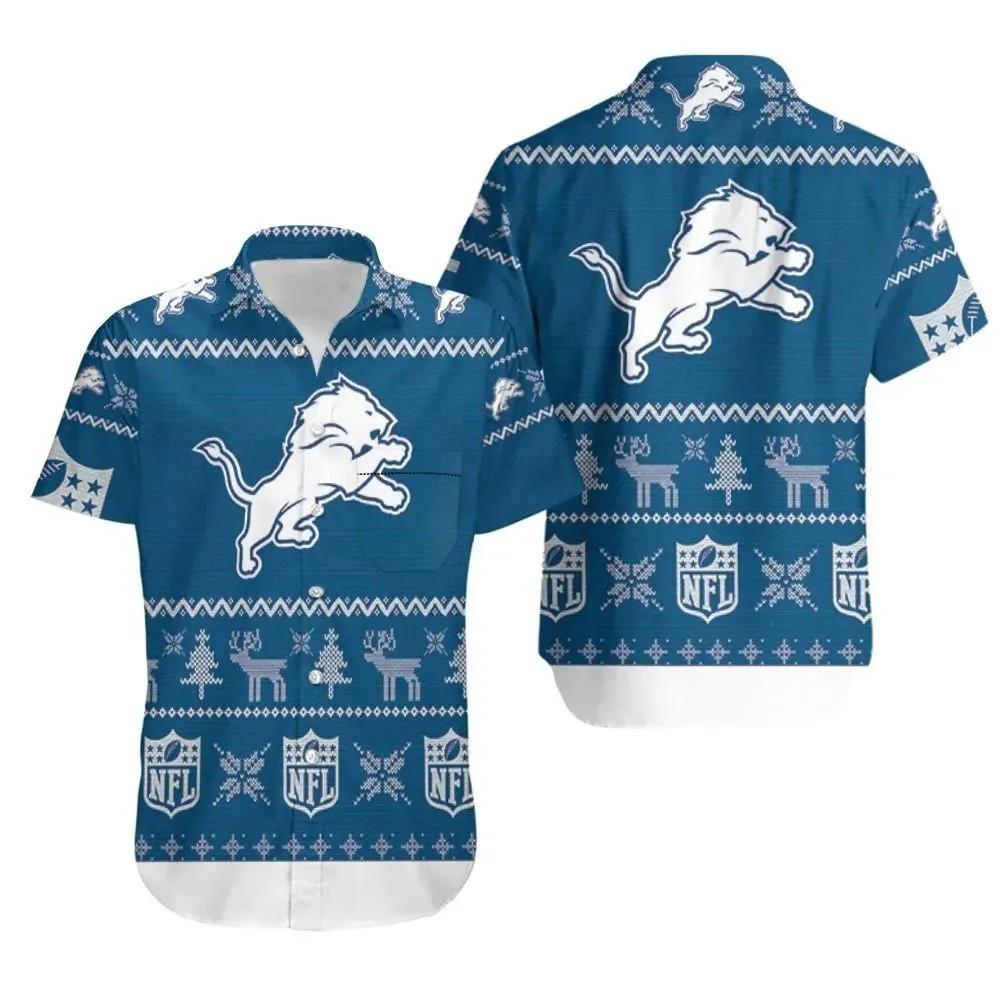 Detroit Lions Ugly Sweatshirt 3D Hawaiian Shirt Print Short Sleeve Hawaiian Aloha Shirt, NFL Hawaiian Shirt Moonbestprint